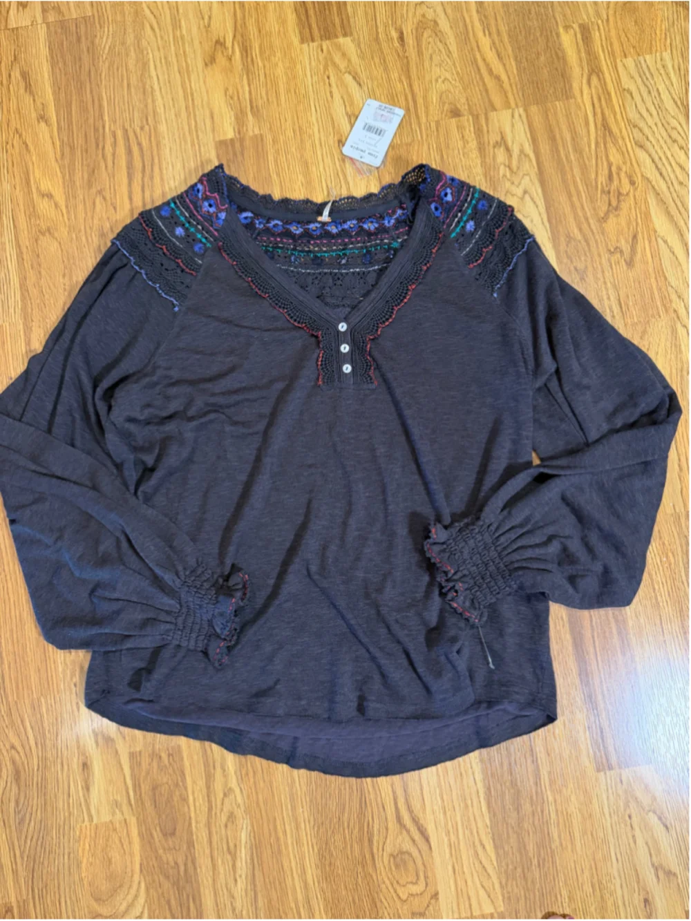 Free People Siesta Long Sleeve Embroidered Top, Size L, Black